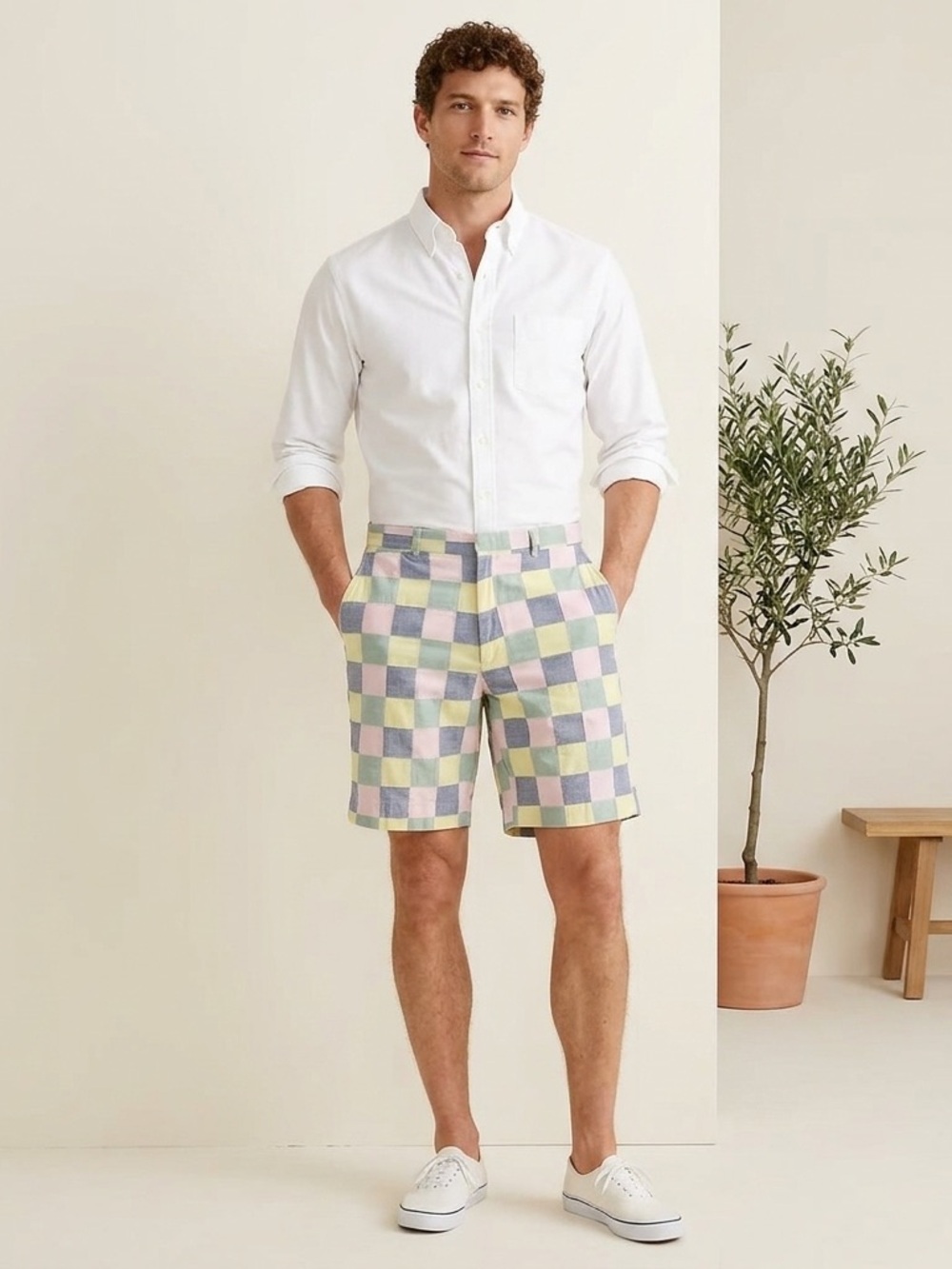 Berle Men's Pastel Patchwork Flat-Front Shorts - White, Yellow, Blue 32R